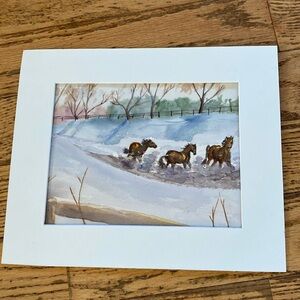 Original watercolour painting, horses in the snow, white mat included